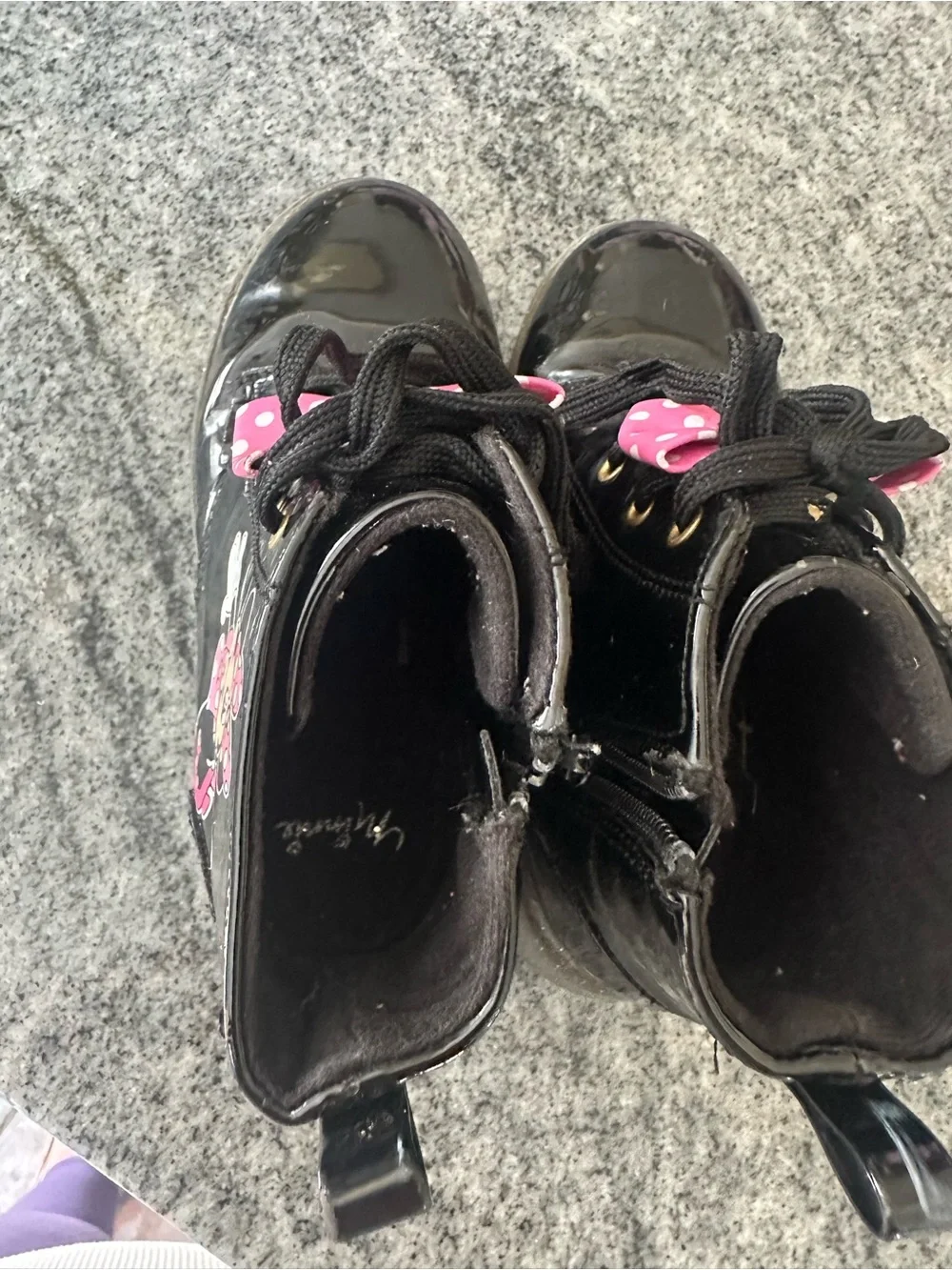Girls' Black Minnie Mouse Patent Lace-Up Boots with Pink Accents